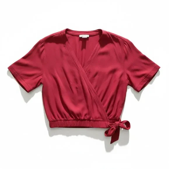 Women’s Burgundy Wrap Front Top | Short Sleeve Tie Waist Blouse | Medium - Picture 2 of 14